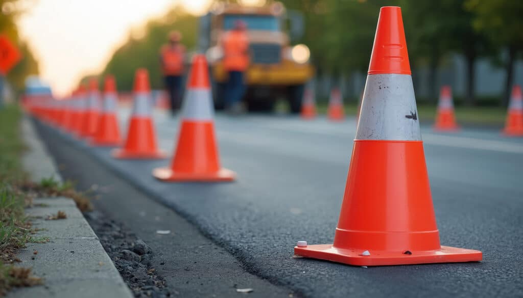 Line of orange traffic cones on new asphalt road. Construction workers in safety vests visible in background near truck. Road improvement work in progress, creating safe work zone directing traffic